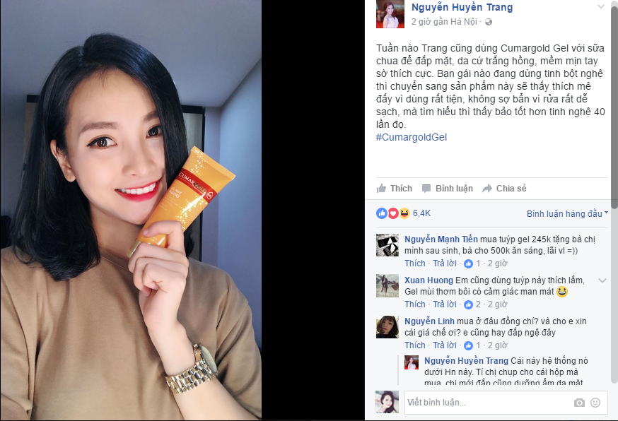 Diễn Viên Nguyễn Huyền Trang dùng mặt nạ Cumargold Gel đắp mặt để dưỡng da